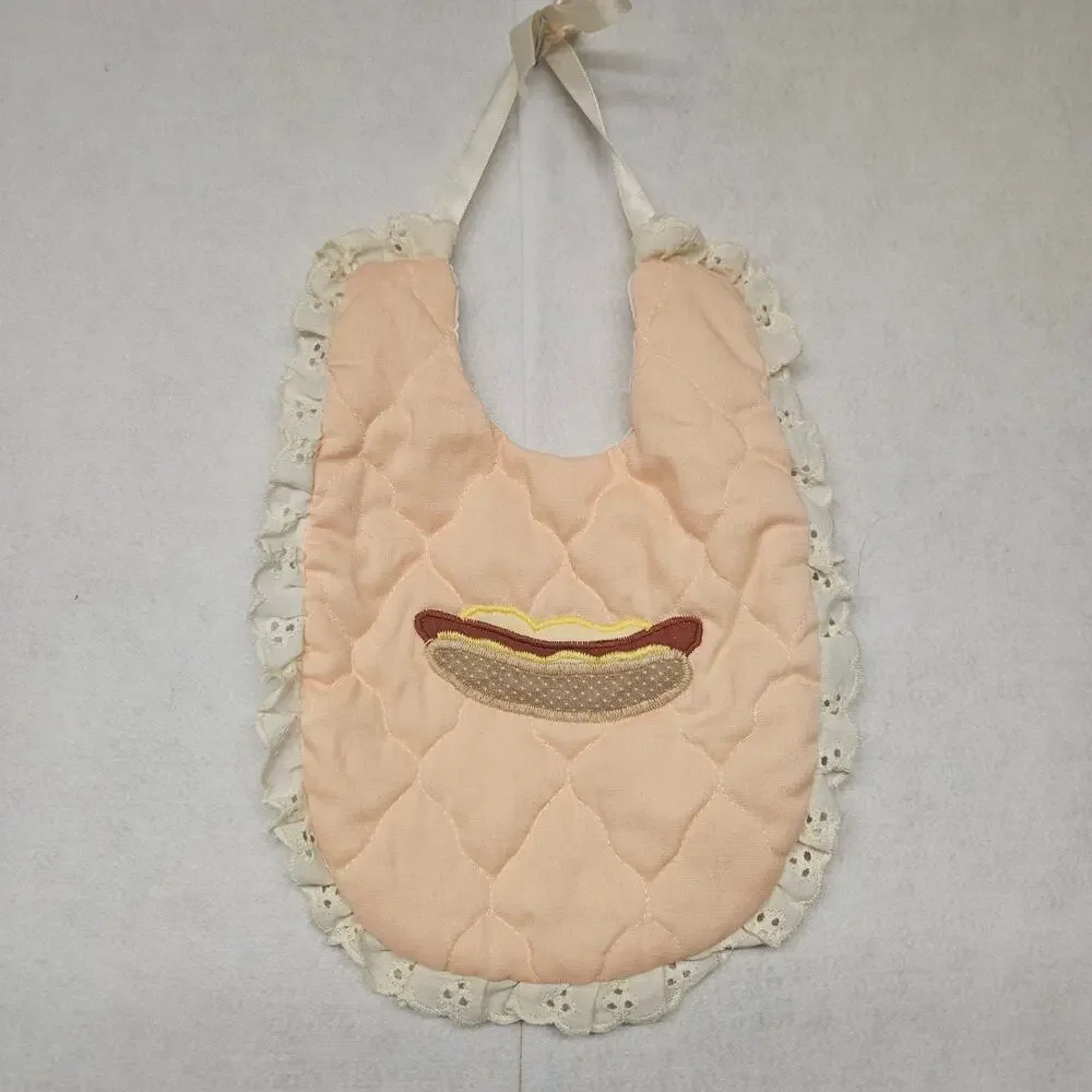 Handmade Hot Dog Peach Quilted Baby Bib Ruffle Lace Trim Satin Bow Vintage